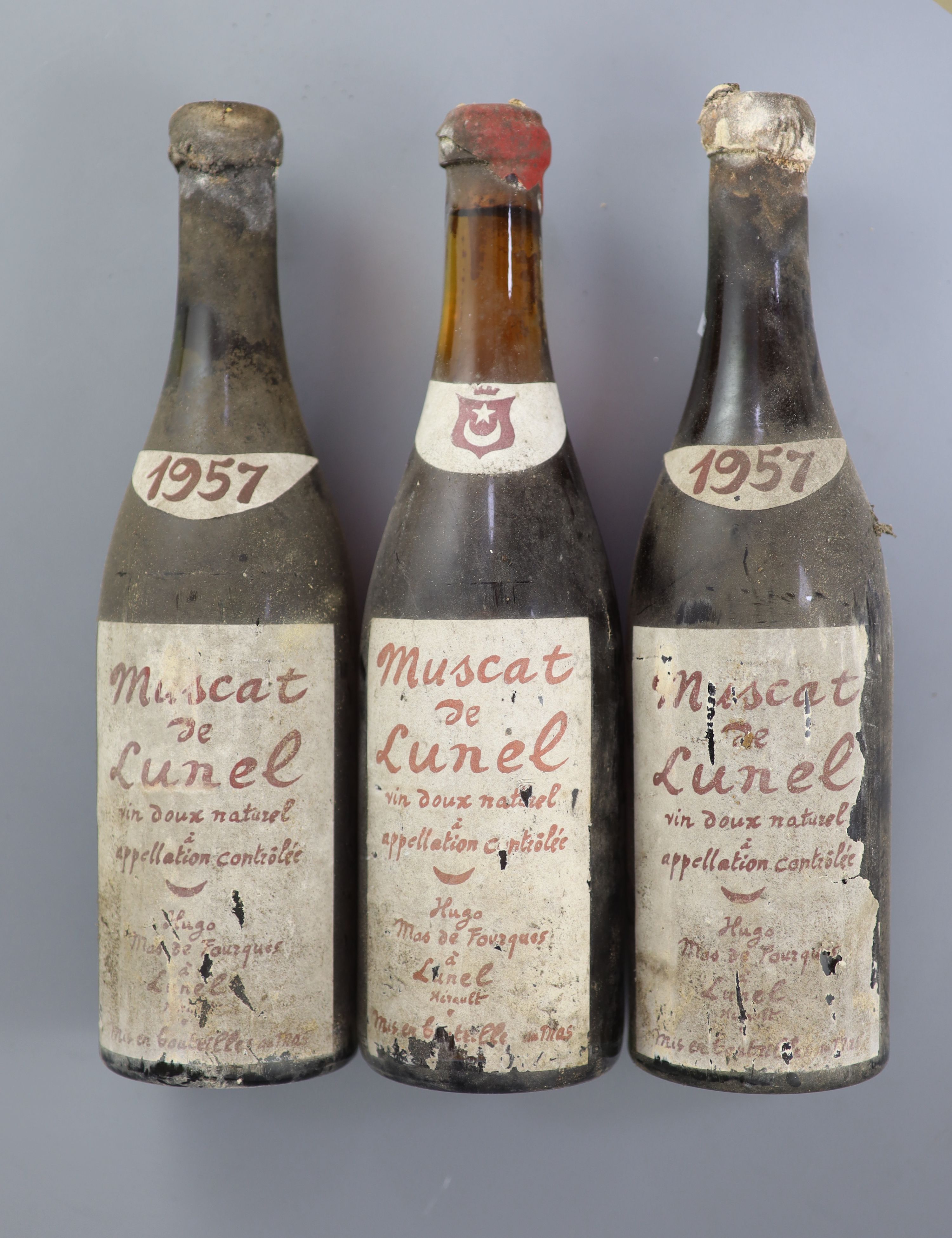 Three bottles of vintage 1957 Muscat de Lunel, Hugo Mas de Fourques